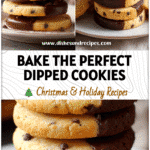 Stack of chocolate chip shortbread cookies with ends dipped in dark chocolate on a white plate.